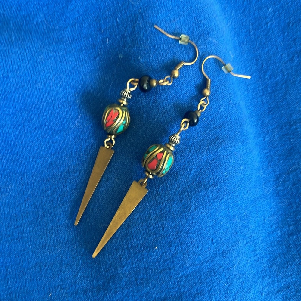 Brass, turquoise, and coral earrings